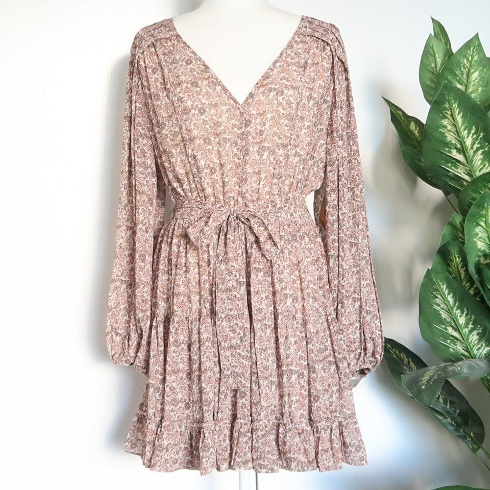 O.P.T. Anthropologie Floral Print Tiered Ruffle Hem V-neck Mini Dress with Belt